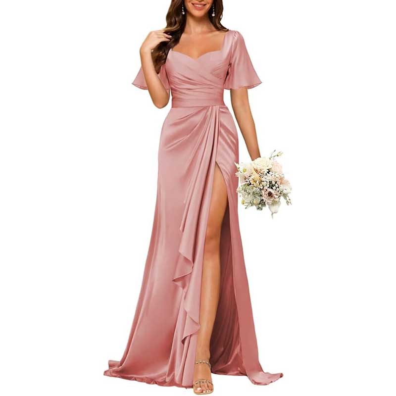 Satin Long Bridesmaid Dresses Short Sleeve Formal Gowns A-Line Prom Dresses