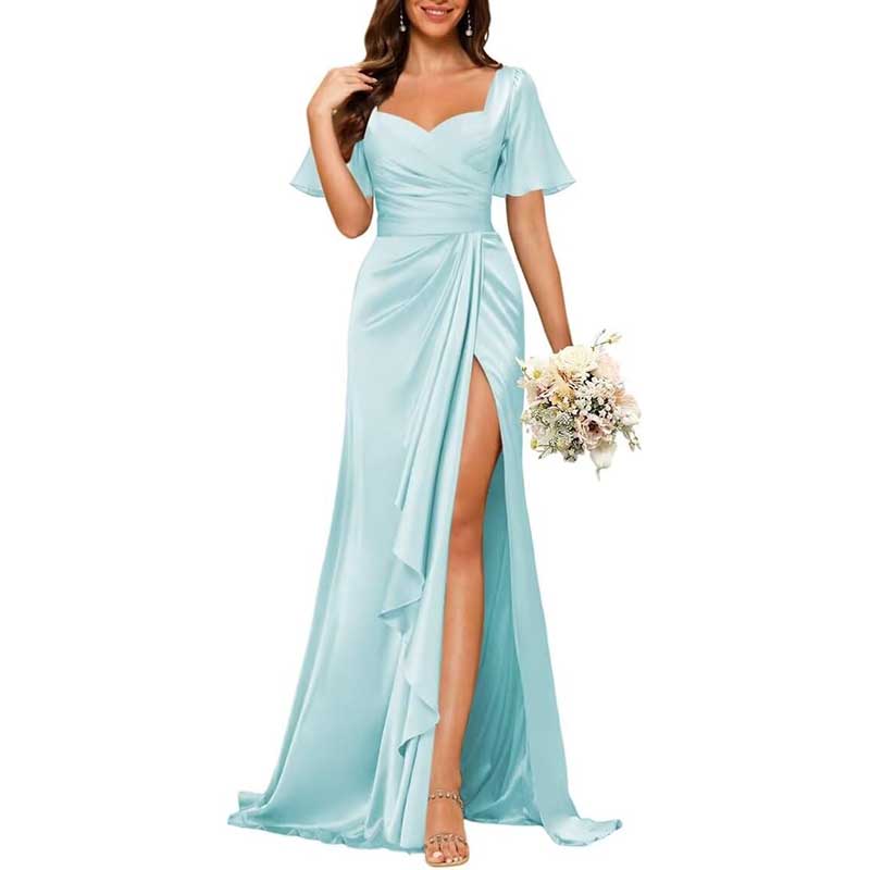 Satin Long Bridesmaid Dresses Short Sleeve Formal Gowns A-Line Prom Dresses