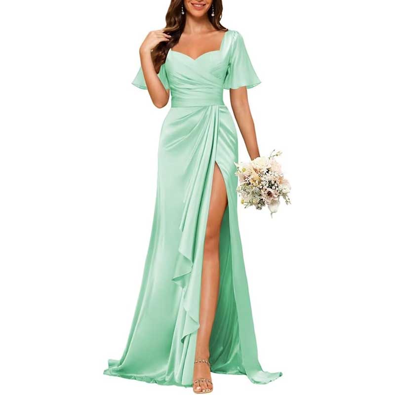 Satin Long Bridesmaid Dresses Short Sleeve Formal Gowns A-Line Prom Dresses