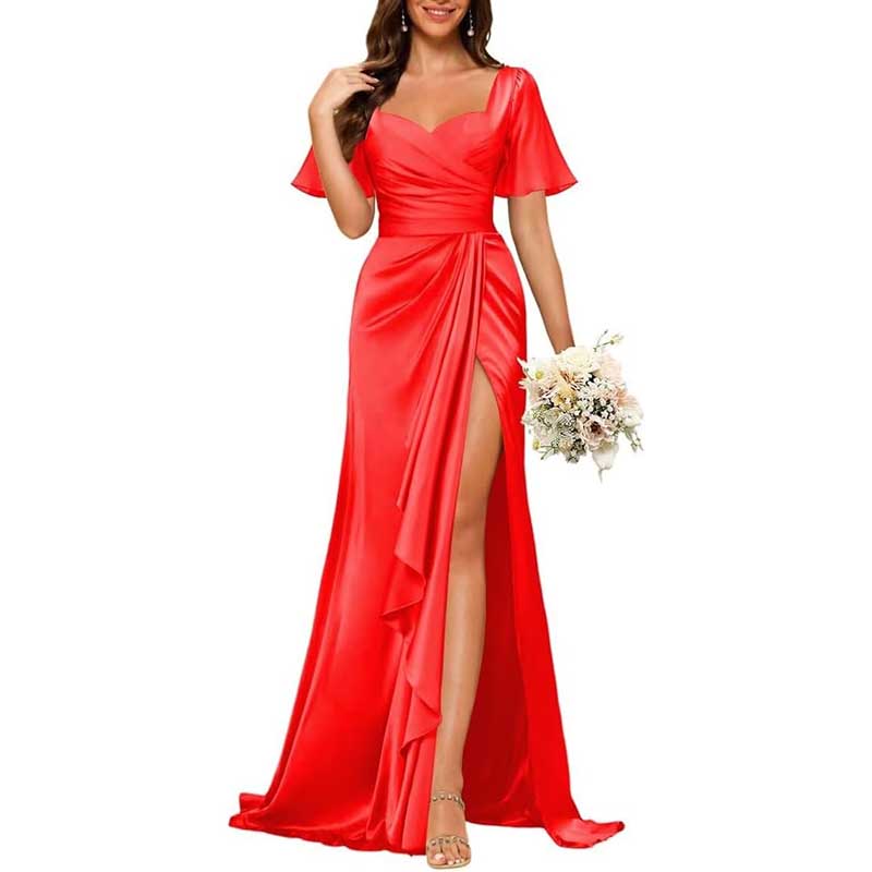 Satin Long Bridesmaid Dresses Short Sleeve Formal Gowns A-Line Prom Dresses