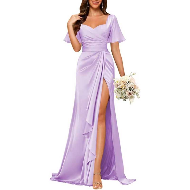 Satin Long Bridesmaid Dresses Short Sleeve Formal Gowns A-Line Prom Dresses