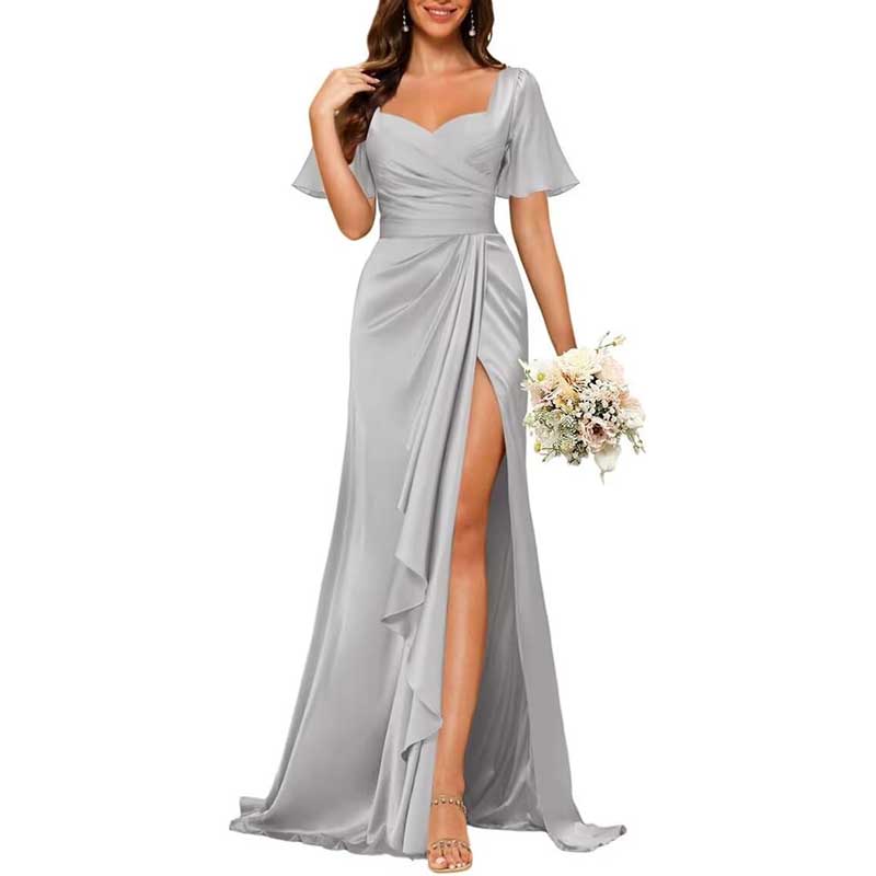 Satin Long Bridesmaid Dresses Short Sleeve Formal Gowns A-Line Prom Dresses