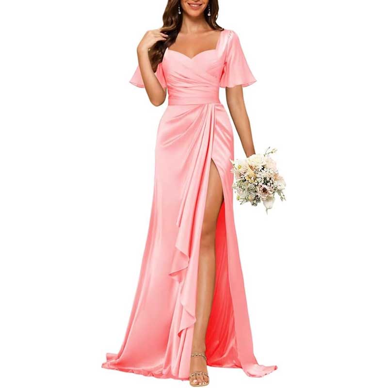 Satin Long Bridesmaid Dresses Short Sleeve Formal Gowns A-Line Prom Dresses