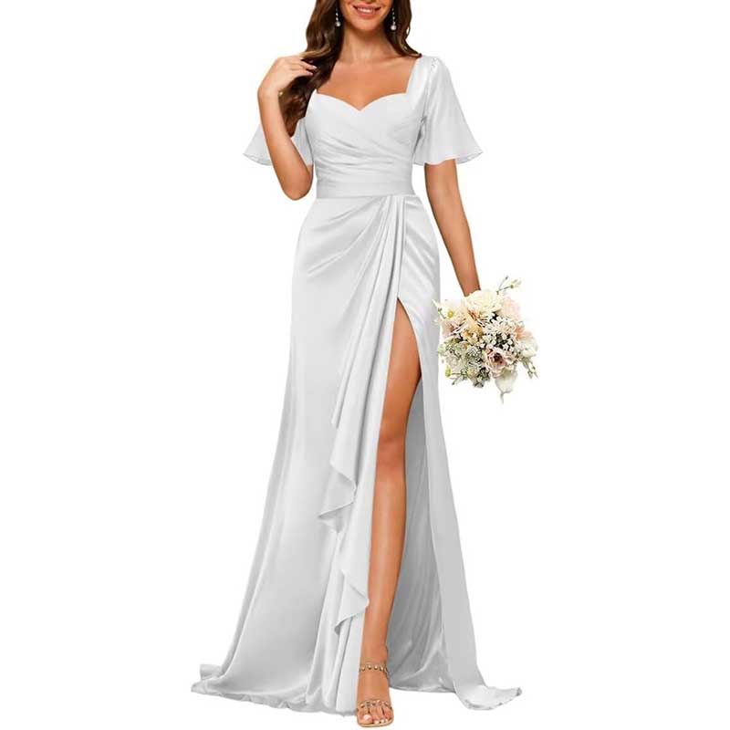 Satin Long Bridesmaid Dresses Short Sleeve Formal Gowns A-Line Prom Dresses