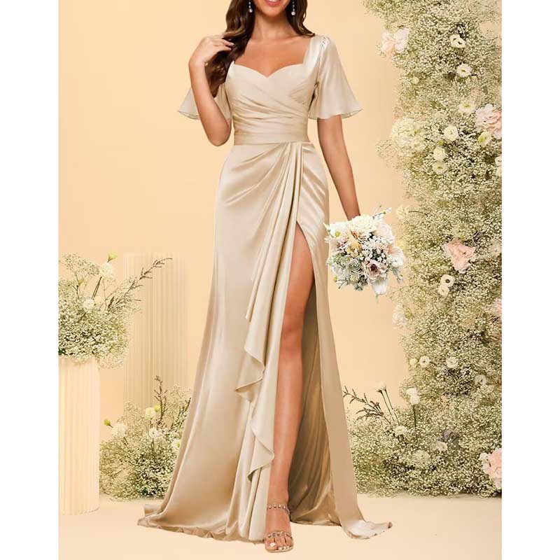 Satin Long Bridesmaid Dresses Short Sleeve Formal Gowns A-Line Prom Dresses