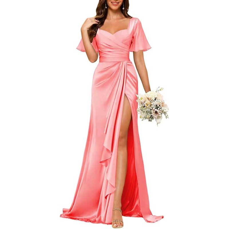 Satin Long Bridesmaid Dresses Short Sleeve Formal Gowns A-Line Prom Dresses