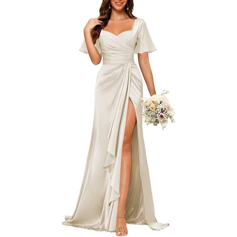 Satin Long Bridesmaid Dresses Short Sleeve Formal Gowns A-Line Prom Dresses