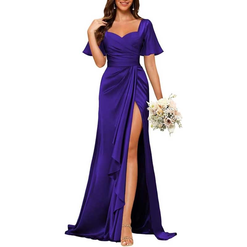 Satin Long Bridesmaid Dresses Short Sleeve Formal Gowns A-Line Prom Dresses