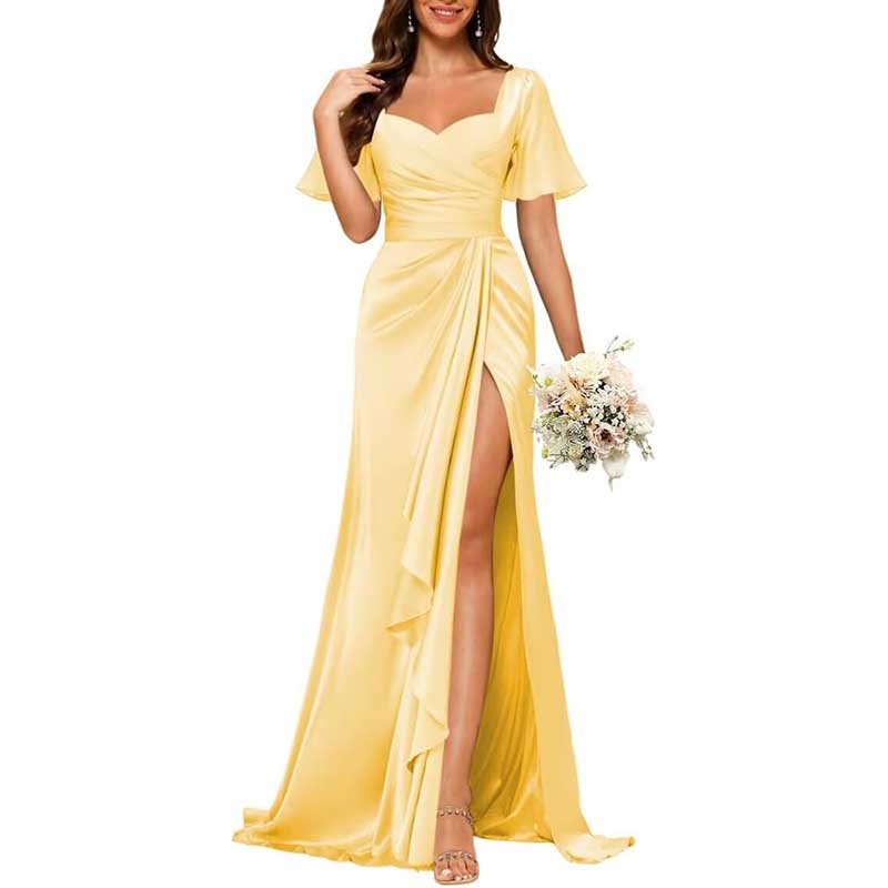 Satin Long Bridesmaid Dresses Short Sleeve Formal Gowns A-Line Prom Dresses