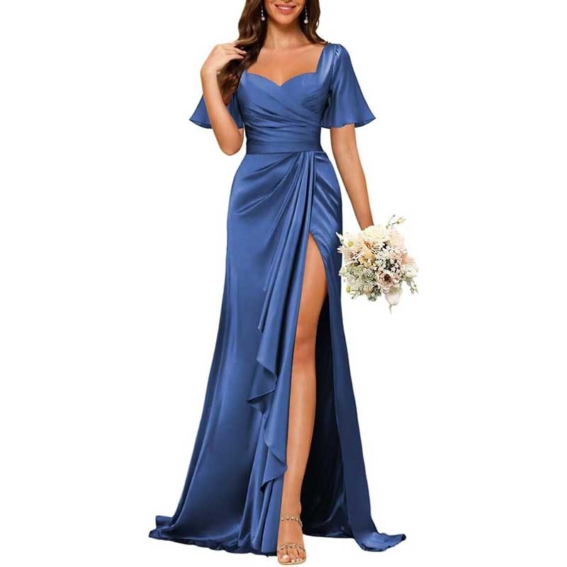 Satin Long Bridesmaid Dresses Short Sleeve Formal Gowns A-Line Prom Dresses