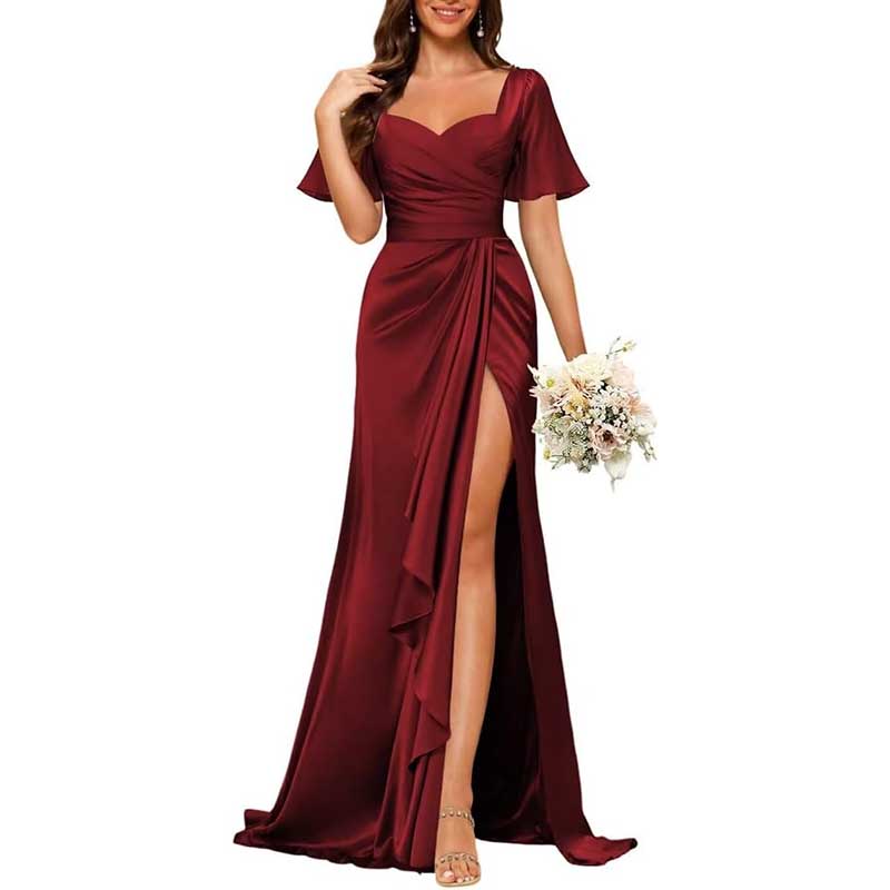 Satin Long Bridesmaid Dresses Short Sleeve Formal Gowns A-Line Prom Dresses