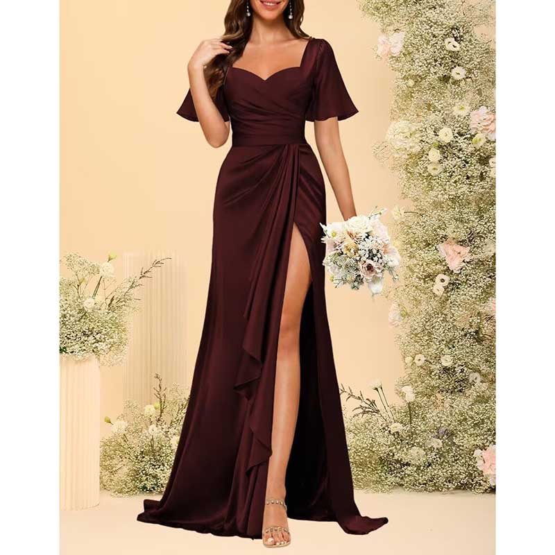 Satin Long Bridesmaid Dresses Short Sleeve Formal Gowns A-Line Prom Dresses
