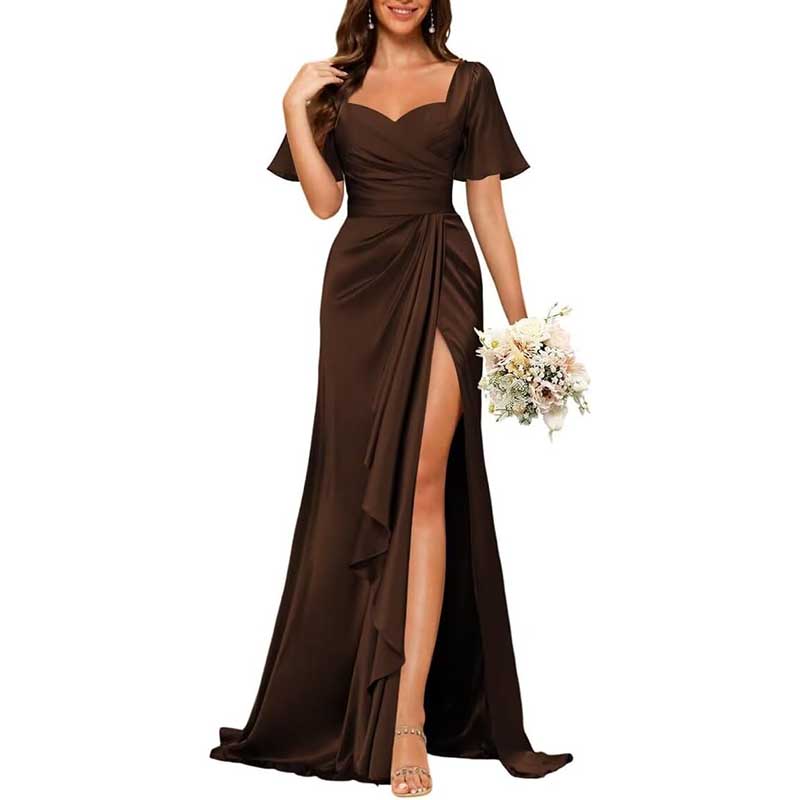 Satin Long Bridesmaid Dresses Short Sleeve Formal Gowns A-Line Prom Dresses