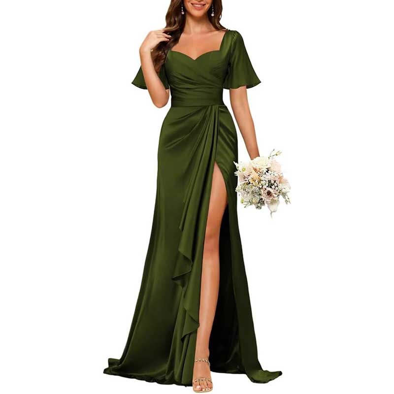 Satin Long Bridesmaid Dresses Short Sleeve Formal Gowns A-Line Prom Dresses