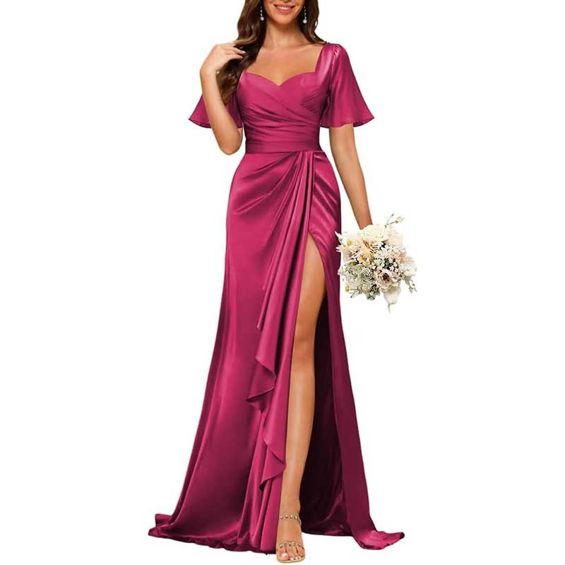 Satin Long Bridesmaid Dresses Short Sleeve Formal Gowns A-Line Prom Dresses