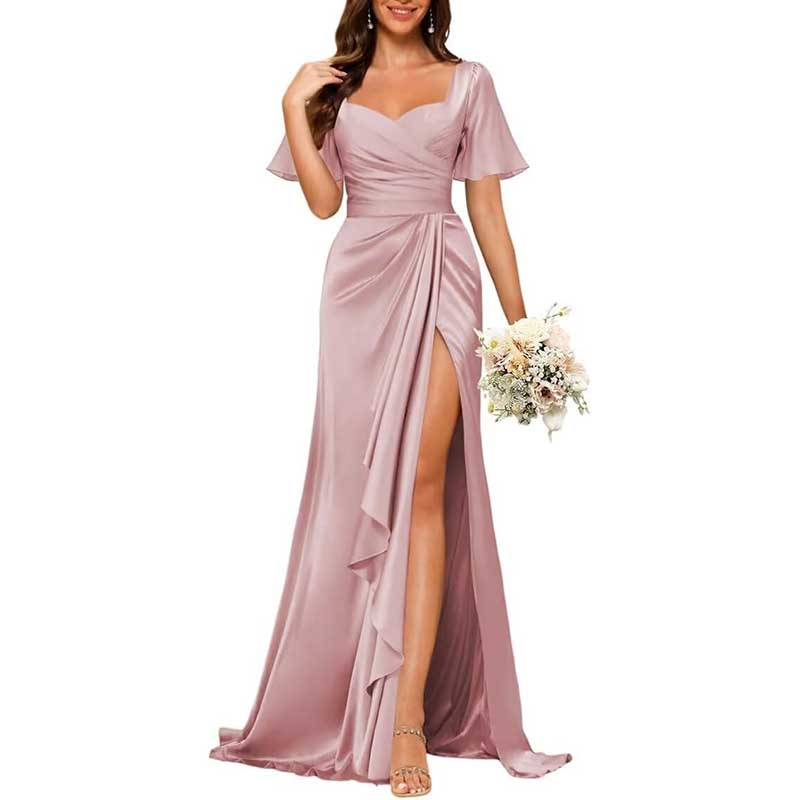 Satin Long Bridesmaid Dresses Short Sleeve Formal Gowns A-Line Prom Dresses