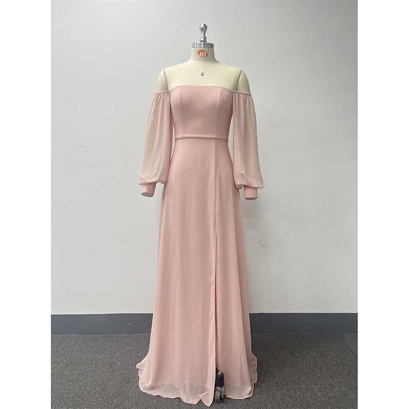 Pink Long Sleeves Prom Dress Off The Shoulder Evening Dress Long Maxi Dress
