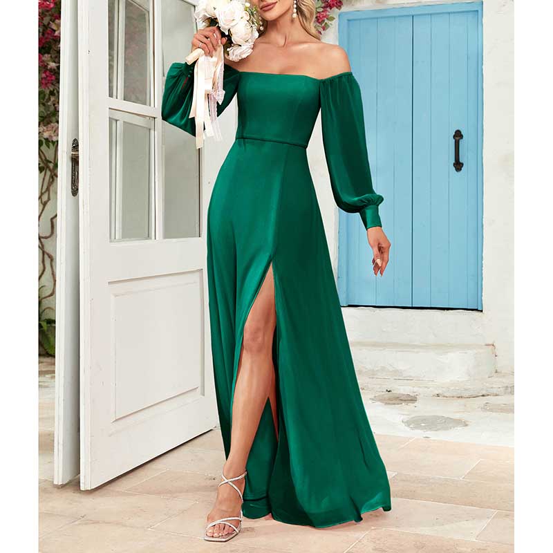 Long Sleeve Prom Gown Off The Shoulder Evening Dress Satin Maxi Dress