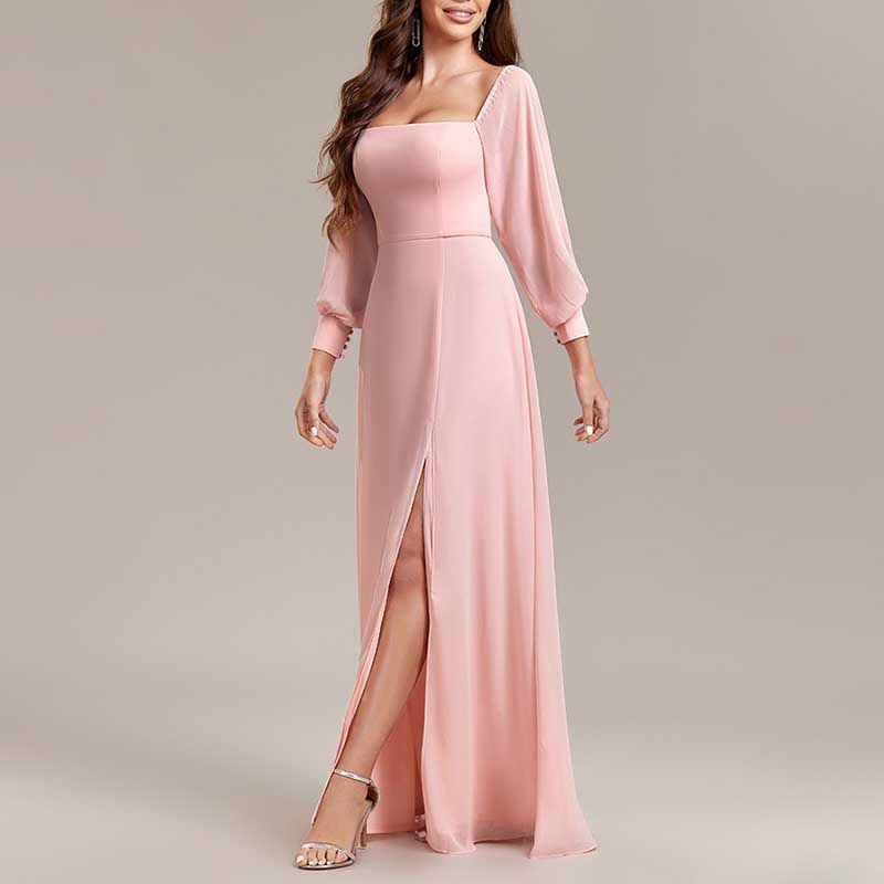 Pink Long Sleeves Prom Dress Off The Shoulder Evening Dress Long Maxi Dress
