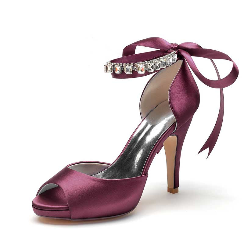 3.94" Satin Pumps Lace-Up Peep Platform Wedding Shoes With Beads