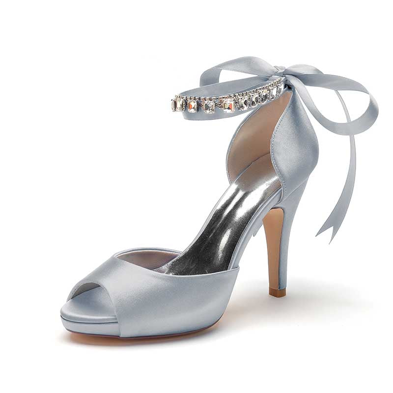 3.94" Satin Pumps Lace-Up Peep Platform Wedding Shoes With Beads