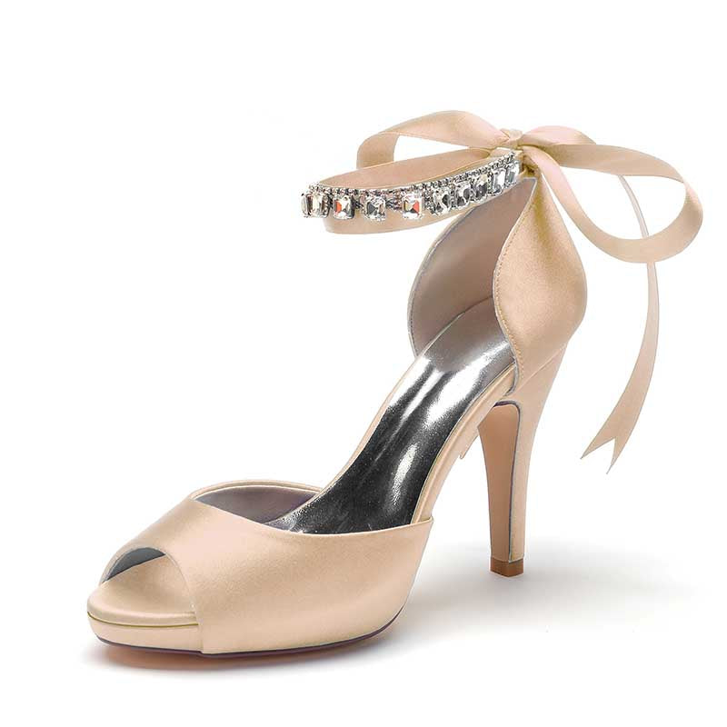 3.94" Satin Pumps Lace-Up Peep Platform Wedding Shoes With Beads