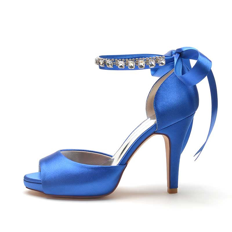 3.94" Satin Pumps Lace-Up Peep Platform Wedding Shoes With Beads