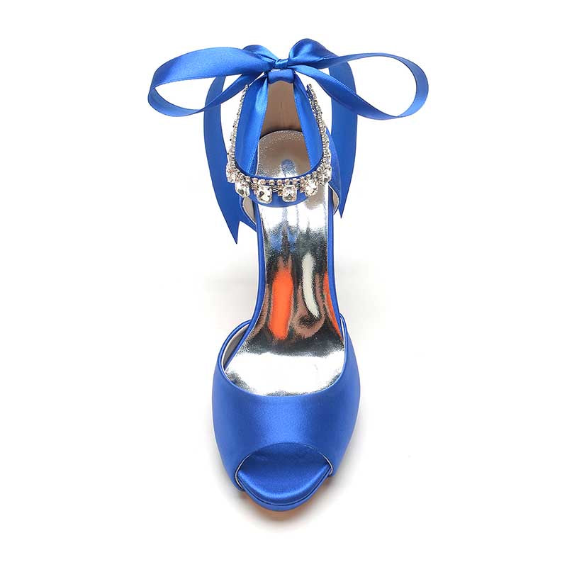 3.94" Satin Pumps Lace-Up Peep Platform Wedding Shoes With Beads