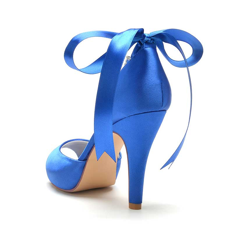3.94" Satin Pumps Lace-Up Peep Platform Wedding Shoes With Beads