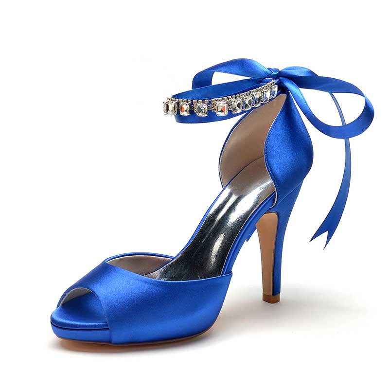 3.94" Satin Pumps Lace-Up Peep Platform Wedding Shoes With Beads