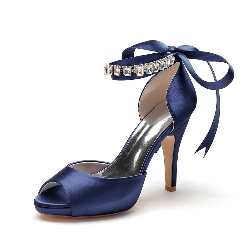3.94" Satin Pumps Lace-Up Peep Platform Wedding Shoes With Beads