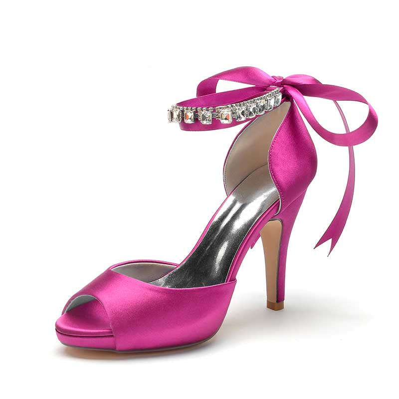 3.94" Satin Pumps Lace-Up Peep Platform Wedding Shoes With Beads