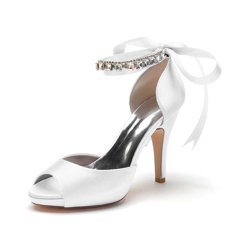 3.94" Satin Pumps Lace-Up Peep Platform Wedding Shoes With Beads