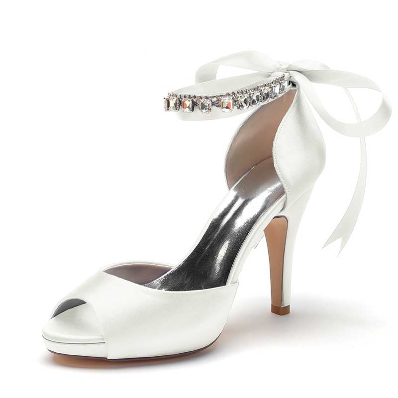 3.94" Satin Pumps Lace-Up Peep Platform Wedding Shoes With Beads