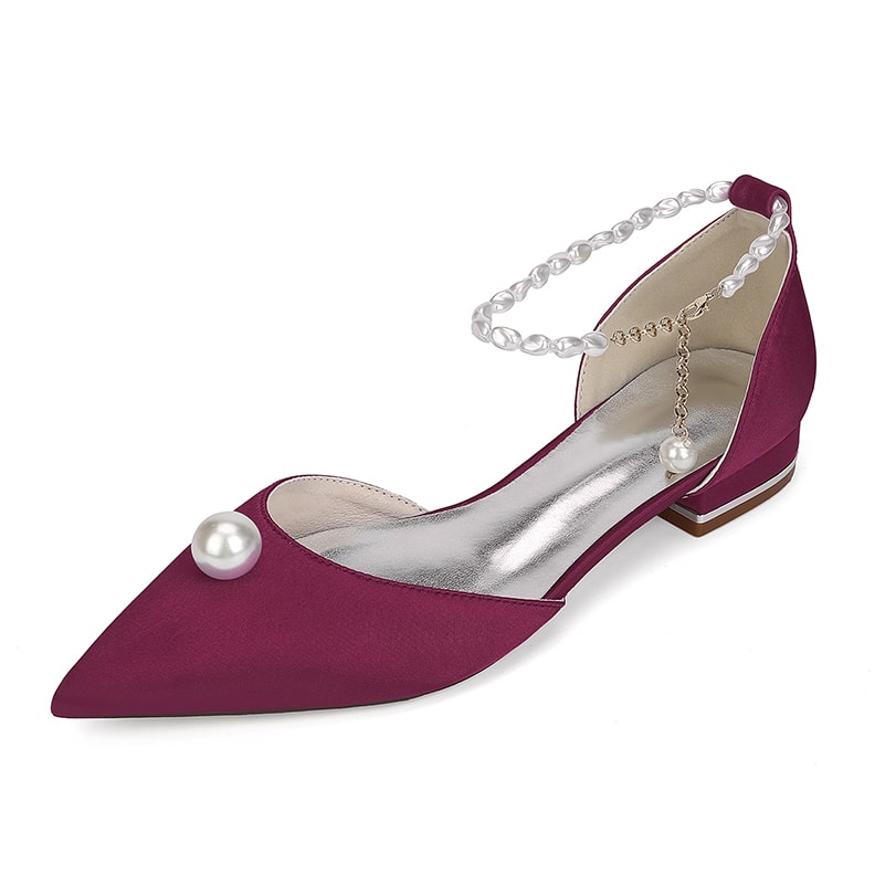 Satin Wedding Flat Point Toe Bridal Shoes Pearls Detail Ankle Straps Shoes