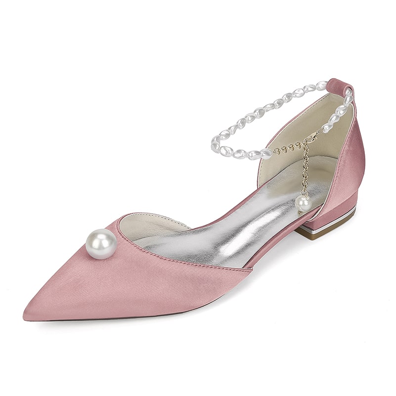Satin Wedding Flat Point Toe Bridal Shoes Pearls Detail Ankle Straps Shoes