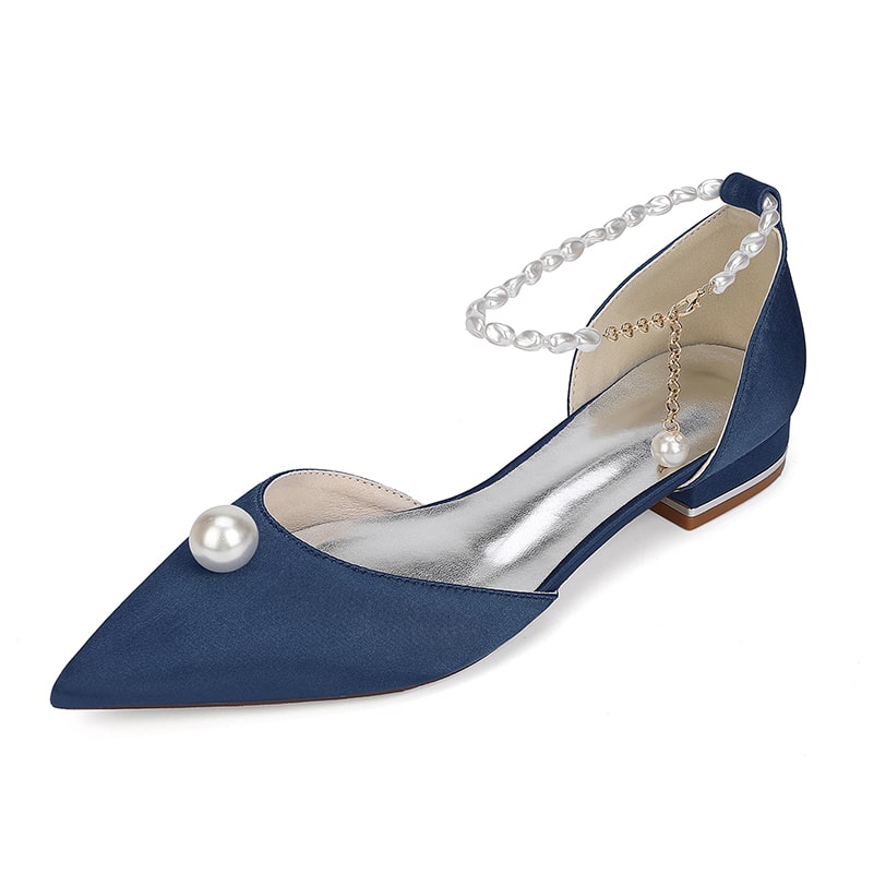 Satin Wedding Flat Point Toe Bridal Shoes Pearls Detail Ankle Straps Shoes