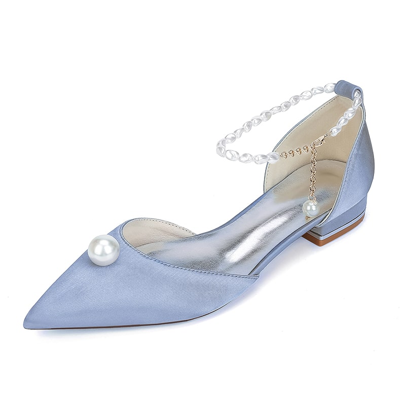 Satin Wedding Flat Point Toe Bridal Shoes Pearls Detail Ankle Straps Shoes