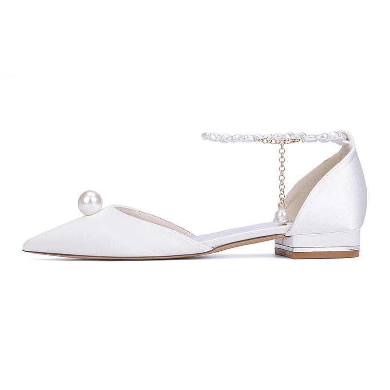 Satin Wedding Flat Point Toe Bridal Shoes Pearls Detail Ankle Straps Shoes