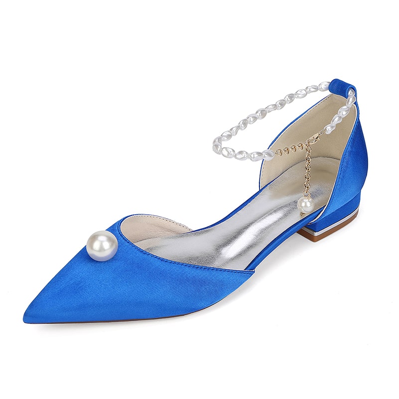 Satin Wedding Flat Point Toe Bridal Shoes Pearls Detail Ankle Straps Shoes