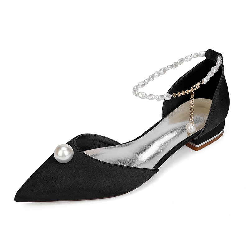 Satin Wedding Flat Point Toe Bridal Shoes Pearls Detail Ankle Straps Shoes