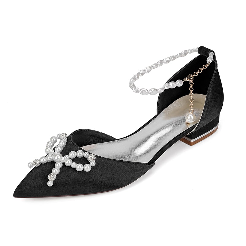 Satin Wedding Flat Bridal Shoes Pearls Detail Ankle Straps Bow-knot Shoes