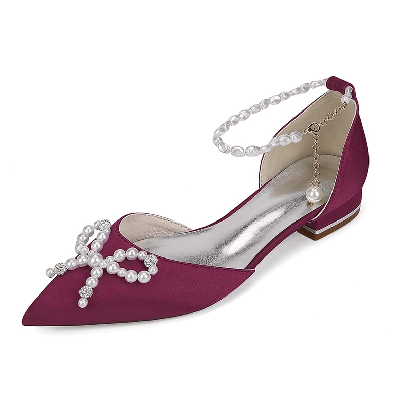 Satin Wedding Flat Bridal Shoes Pearls Detail Ankle Straps Bow-knot Shoes