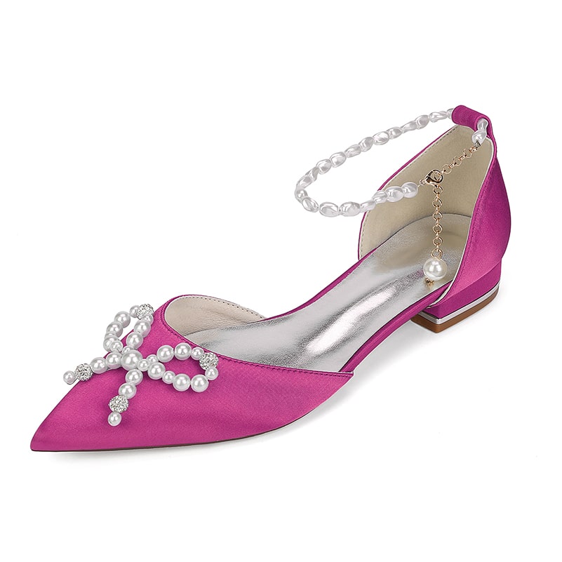 Satin Wedding Flat Bridal Shoes Pearls Detail Ankle Straps Bow-knot Shoes