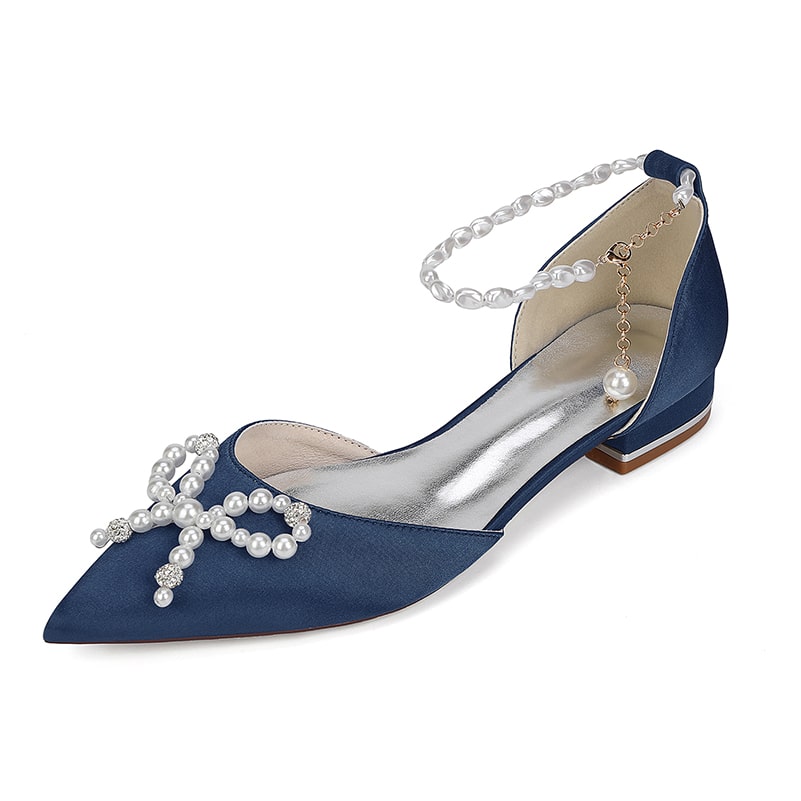 Satin Wedding Flat Bridal Shoes Pearls Detail Ankle Straps Bow-knot Shoes