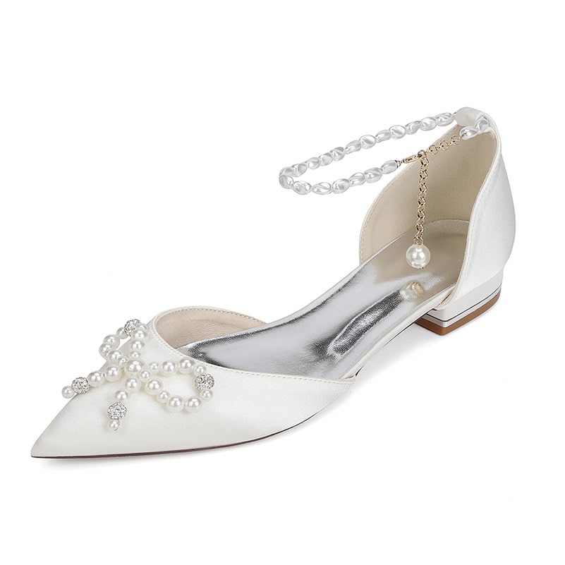 Satin Wedding Flat Bridal Shoes Pearls Detail Ankle Straps Bow-knot Shoes