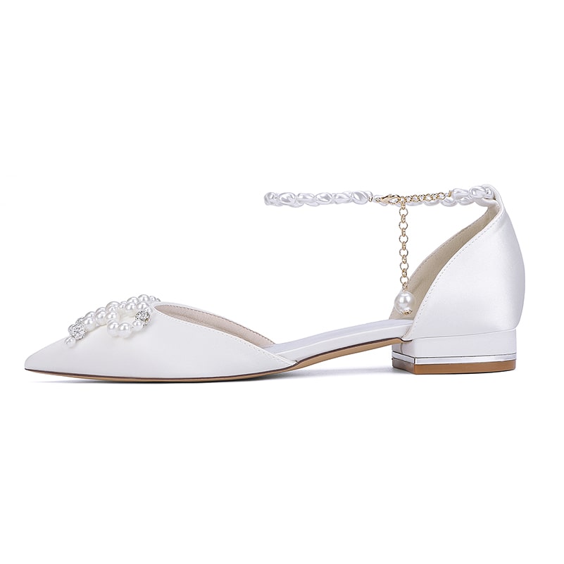 Satin Wedding Flat Bridal Shoes Pearls Detail Ankle Straps Bow-knot Shoes