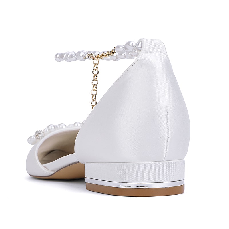 Satin Wedding Flat Bridal Shoes Pearls Detail Ankle Straps Bow-knot Shoes