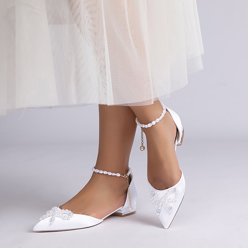 Satin Wedding Flat Bridal Shoes Pearls Detail Ankle Straps Bow-knot Shoes