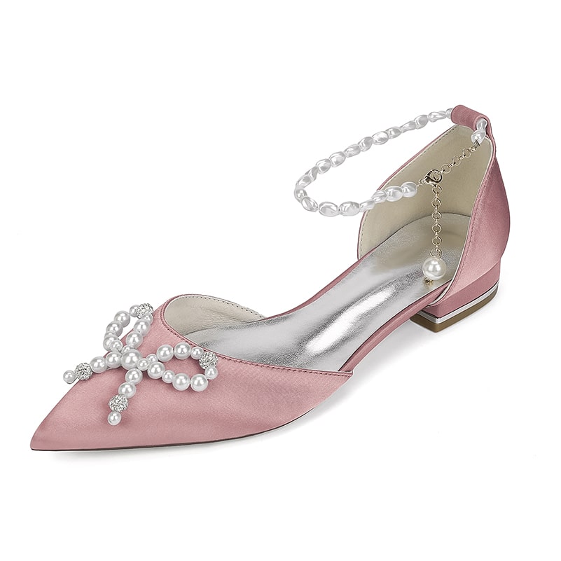 Satin Wedding Flat Bridal Shoes Pearls Detail Ankle Straps Bow-knot Shoes